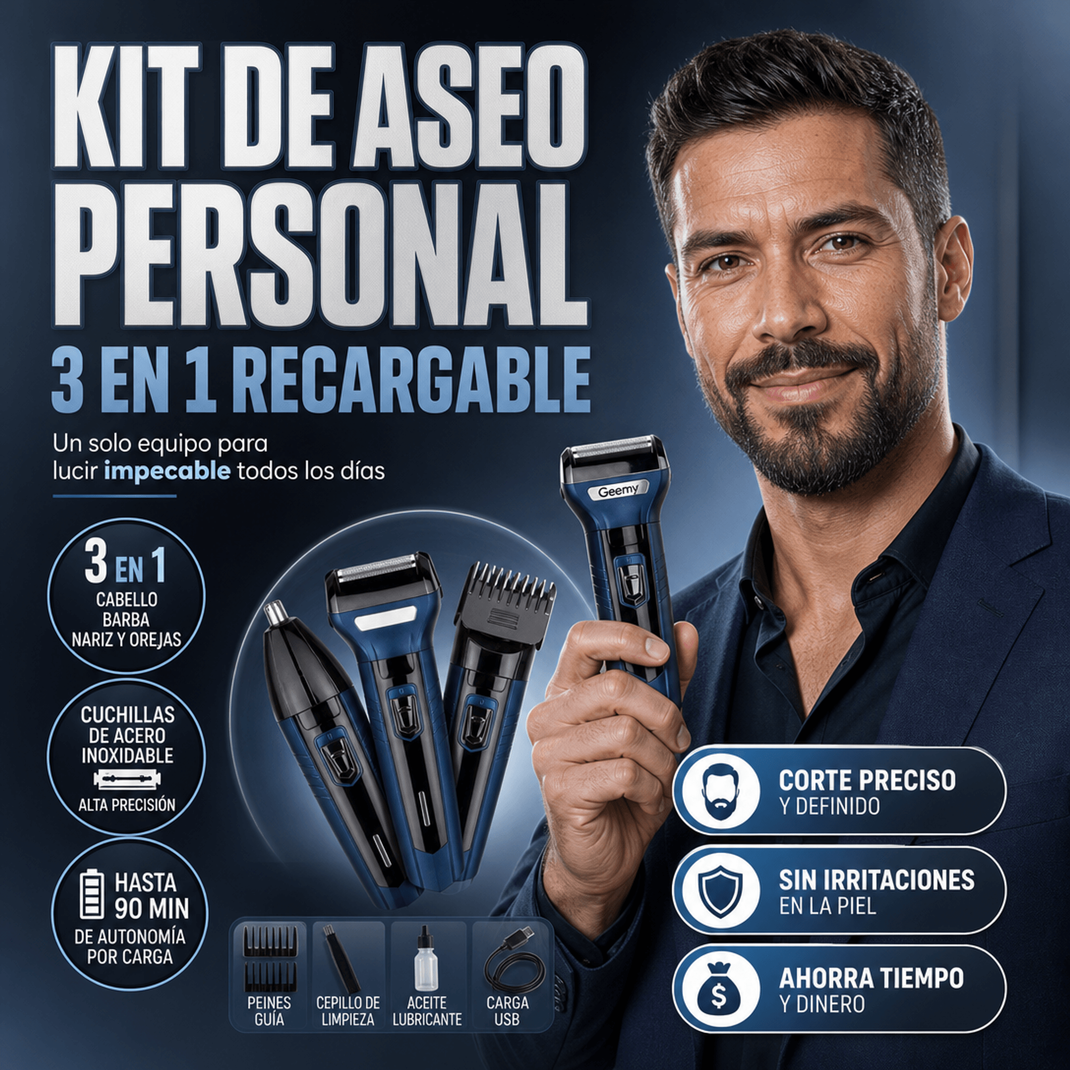 MAQUINA RECARGABLE Y PORTATIL 3 EN 1 PARA HOMBRE. PRODUCTO GARANTIZADO