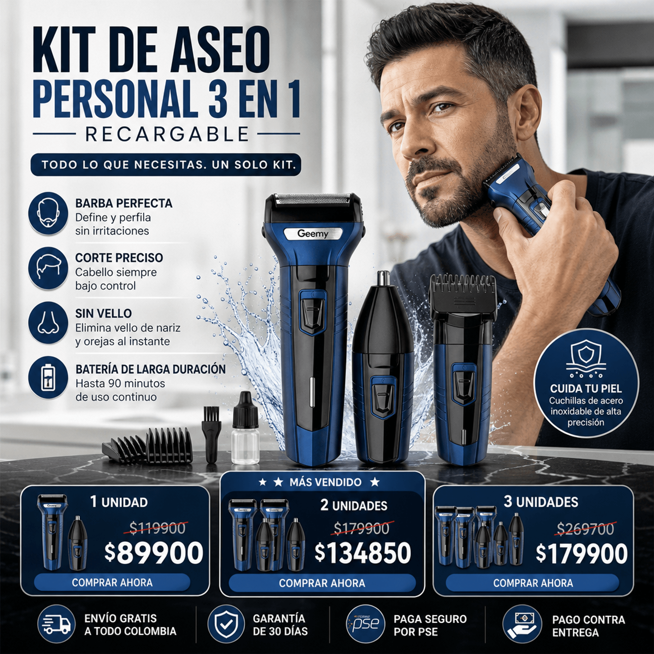 MAQUINA RECARGABLE Y PORTATIL 3 EN 1 PARA HOMBRE. PRODUCTO GARANTIZADO