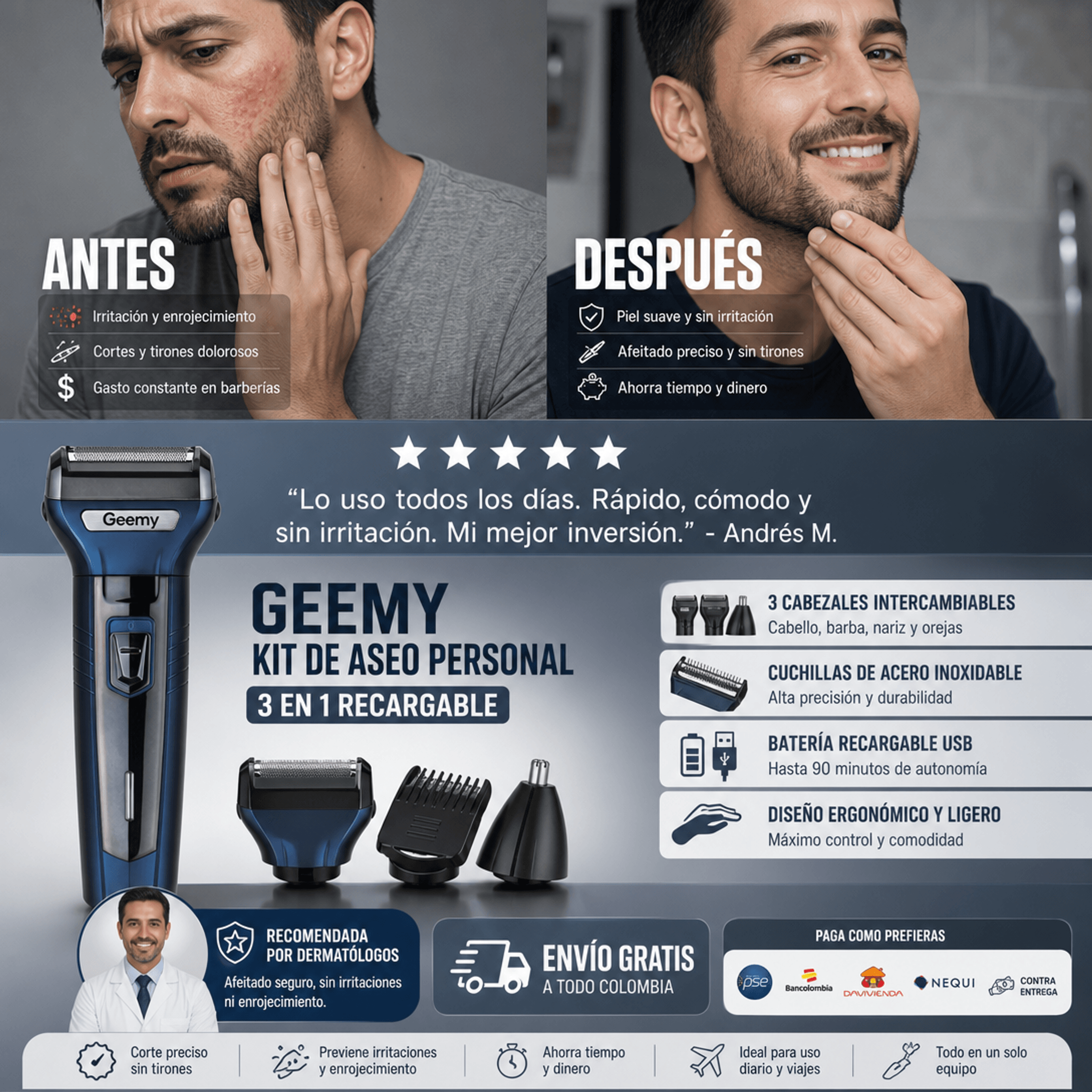 MAQUINA RECARGABLE Y PORTATIL 3 EN 1 PARA HOMBRE. PRODUCTO GARANTIZADO