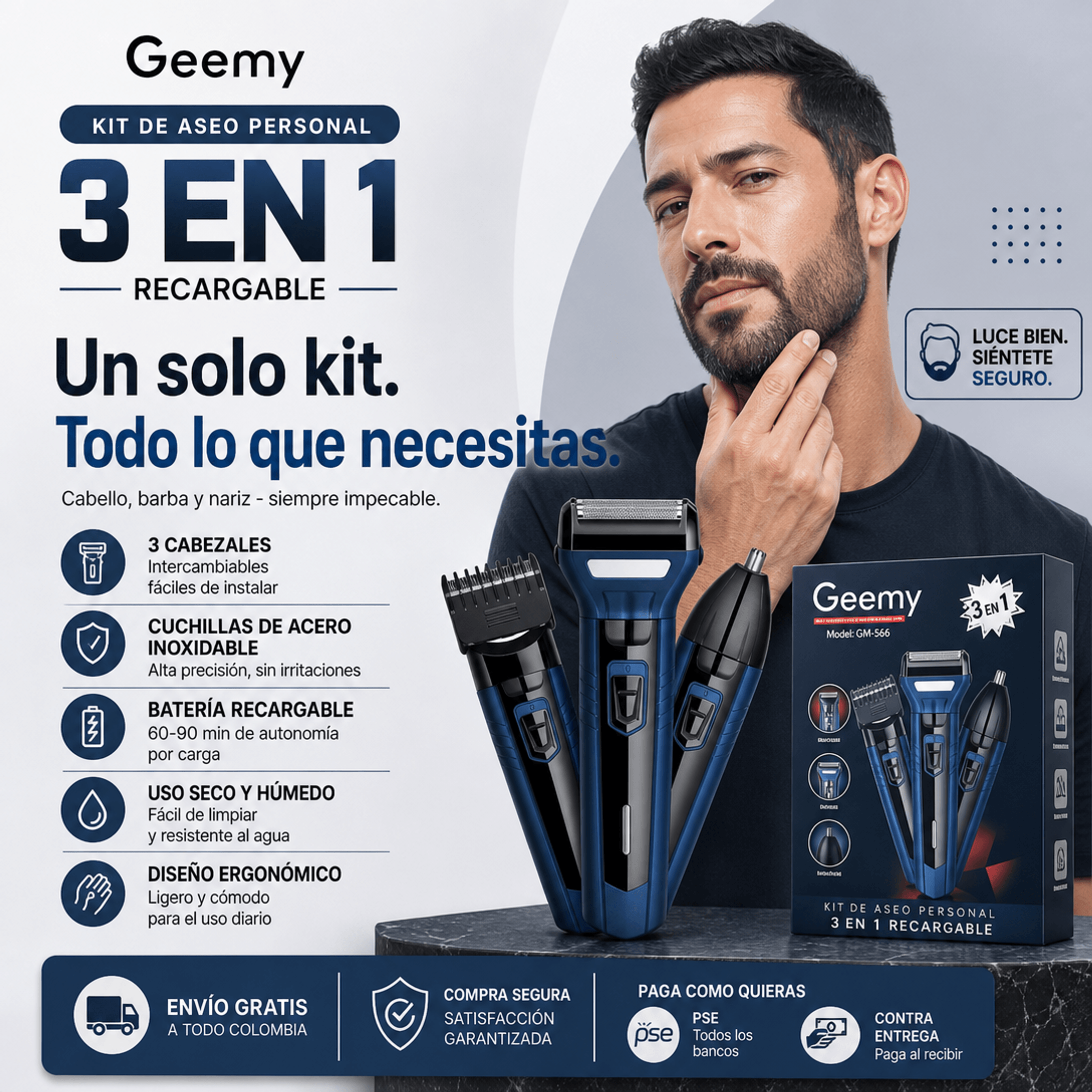 MAQUINA RECARGABLE Y PORTATIL 3 EN 1 PARA HOMBRE. PRODUCTO GARANTIZADO