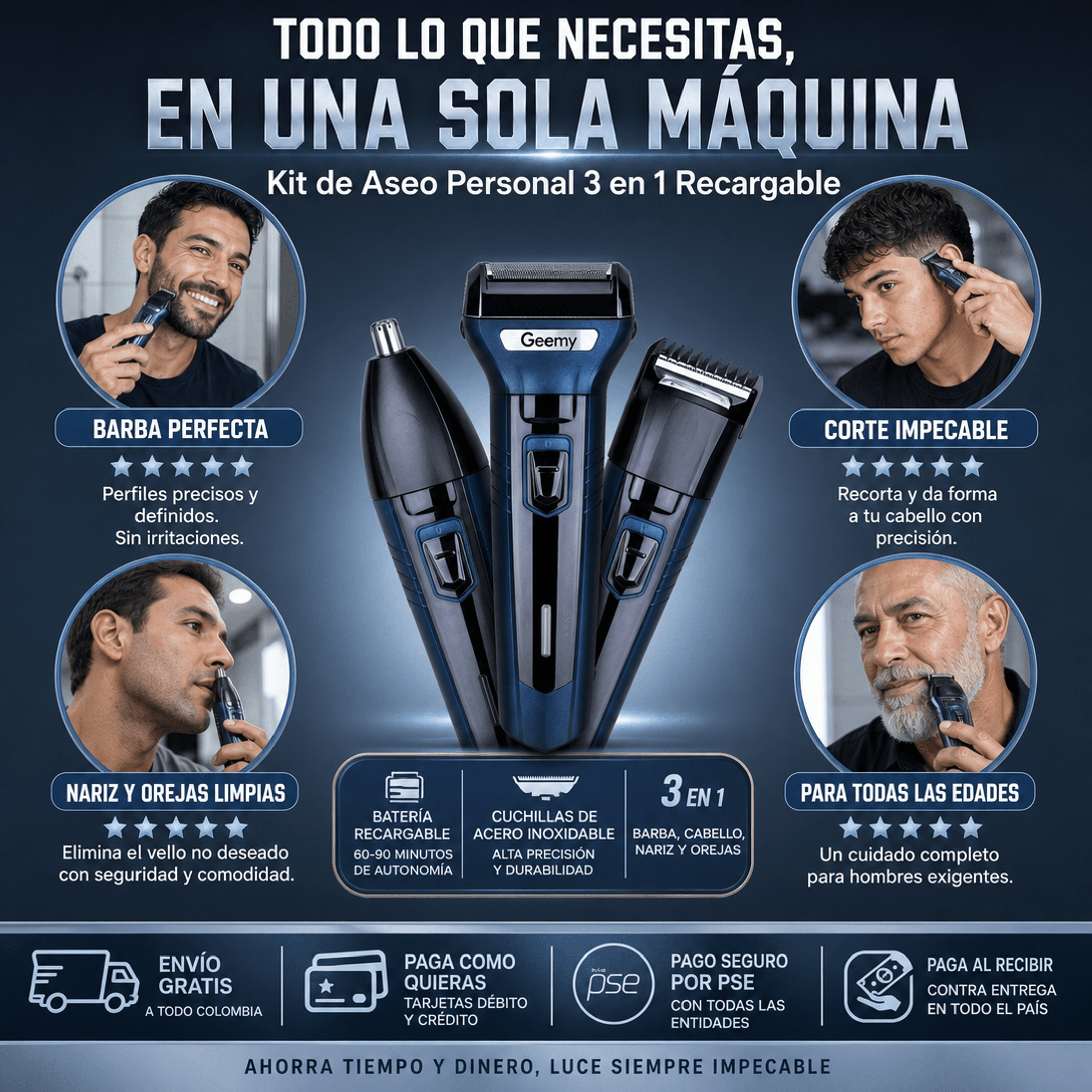 MAQUINA RECARGABLE Y PORTATIL 3 EN 1 PARA HOMBRE. PRODUCTO GARANTIZADO